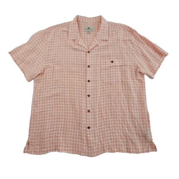 Island Shores Linen Blend Short Sleeve Button Shirt Men's XXL Orange White EUC - Picture 1 of 14